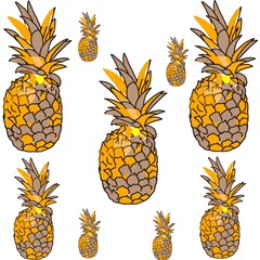 Vector set of fresh ripe tropical pineapples isolated on white background