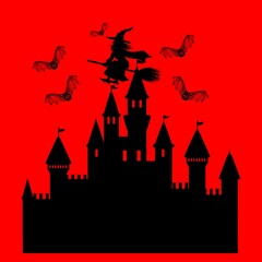 Halloween castle with bats and moon in spooky night vector illustration