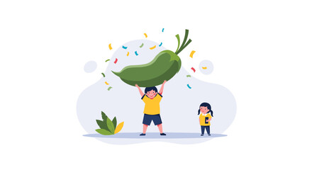 Fototapeta premium Children celebrating a successful harvest with a giant vegetable.