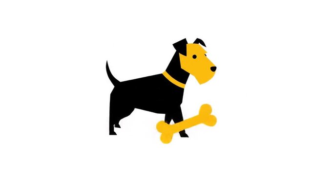 Stylized black and yellow dog with a yellow bone on a white background