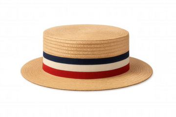 Straw boater hat with tricolor ribbon, a classic summer fashion accessory for vintage and retro style