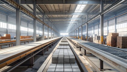 Obraz premium Industrial Warehouse Interior with Conveyor Belts and Stored Materials