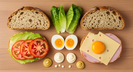 Freshly sliced bread with healthy vegetable, egg, and cheese fillings makes a delicious and complete sandwich meal or breakfast snack