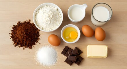 Fresh eggs, white flour, and other healthy baking ingredients are ready in a kitchen bowl for cake preparation