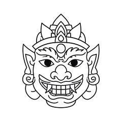 Fototapeta premium Fierce mythological demon giant face with fangs in a traditional Asian style. Vector line art icon of a cultural guardian creature
