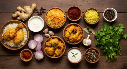 Healthy and fresh spices and herbs on a wooden board for a delicious gourmet meal