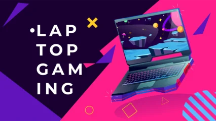 Selbstklebende Fototapeten Pink Pixelated Laptop Gaming Illustration with Pixel Art Landscape Displayed Against Vibrant Pink and Dark Purple Background with Geometric Shapes  © pepe