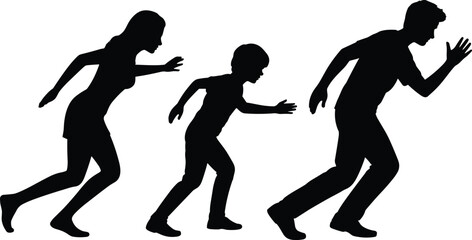 Silhouettes of running family, mother, child, and father chasing each other, black figures, active motion, playful scene, isolated on white background, vector illustration.