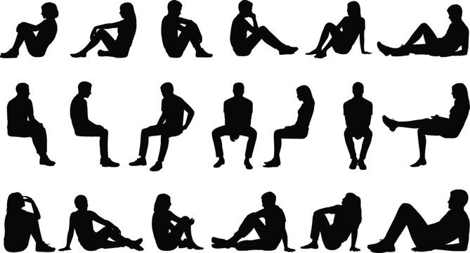 Silhouettes of sitting and resting people, male and female figures, relaxed poses, casual body language, diverse human shapes, quiet moments