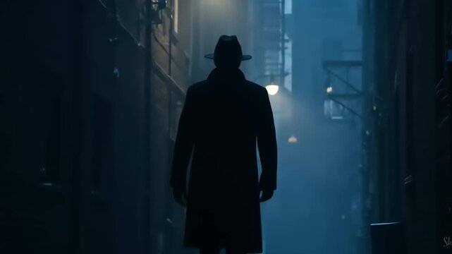Mysterious figure in fedora and trench coat walking down a dark, foggy alley at night.