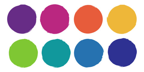 set of colorful grunge circles shapes. Vector grunge round shape. Round brush painted circle brush stamps. Vector illustration.	
