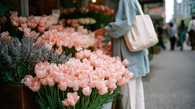 Woman browsing abundant pink tulips and lavender at a sunlit outdoor flower market