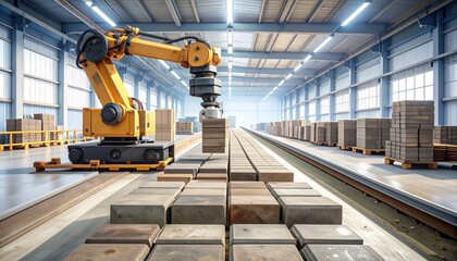 Fototapeta premium Robotic Arm Stacking Concrete Blocks in a Factory