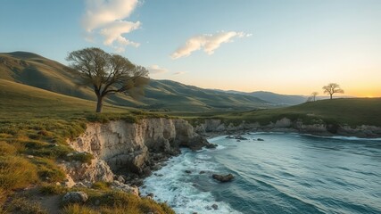 Fototapeta premium A picturesque coastal landscape featu a lone tree perched atop a cliff overlooking the ocean, with rolling hills and a soft, warm sunset glow on the horizon.