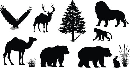 Wild animal silhouettes collection with lion, bear, camel, eagle, deer, monkey, rabbit, and tree illustration, nature wildlife vector