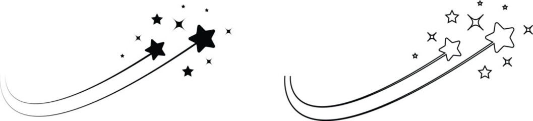 Shooting star icon set with black, outline falling stars, celestial night sky sparkle and comet trail symbols, vector collection for magic, fantasy, astrology and decoration design