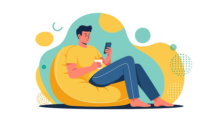 Fototapeta premium Young Man Relaxing And Using Smartphone While Lounging On Beanbag In Vector Art