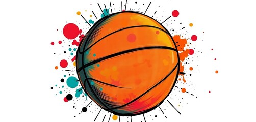 Obraz premium Whimsical hand-drawn basketball with splatters and lines, outline, hand-drawn