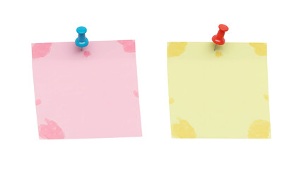 wo pastel sticky notes with blue and pink push pins isolated on white background, minimalist reminder design for office