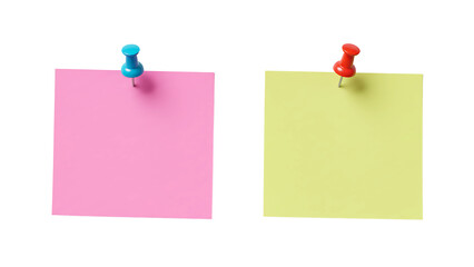 Colorful blue and green sticky notes pinned with red and blue tacks isolated on white background for memo and office design concepts.