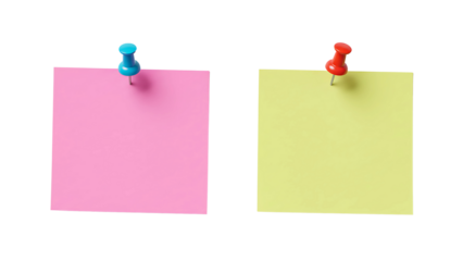 Colorful blue and green sticky notes pinned with red and blue tacks isolated on white background for memo and office design concepts.