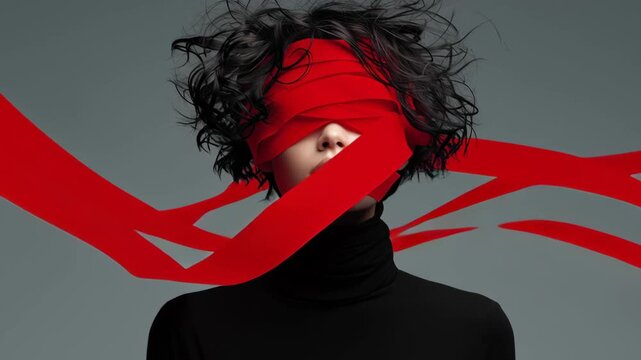 Woman with curly hair, wearing a black turtleneck, is enveloped in flowing red ribbons, creating a dynamic visual narrative that captures the essence of movement and emotion in a striking artistic dis