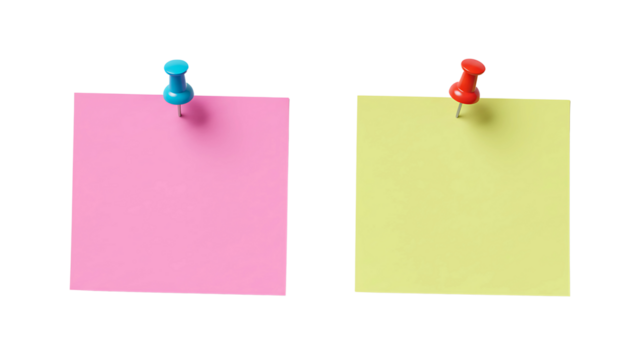 Colorful blue and green sticky notes pinned with red and blue tacks isolated on white background for memo and office design concepts.