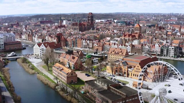 The Main Town of Gdansk by the Motlawa river at blossom spring, Poland.