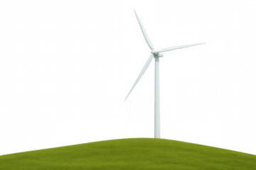 Wind turbine generating clean renewable energy on a green hill, wind power concept with transparent background