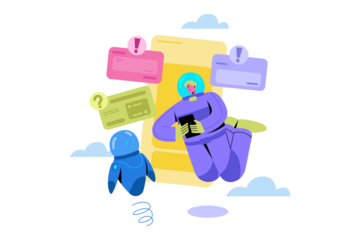 Purple Cartoon Character Flying Near Yellow Pixelated Phone with Notifications on Transparent Background