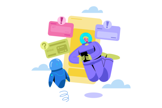 Purple Cartoon Character Flying Near Yellow Pixelated Phone with Notifications on Transparent Background