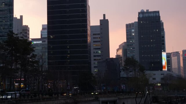Seoul, South Korea. View of skyscrapers in Seoul, South Korea. Time-lapse during a cloudy sunset evening in spring