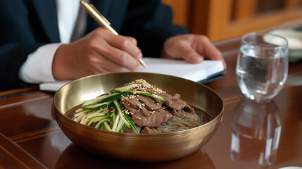 A food critic, their posture upright with a notepad in hand, evaluates Pyeongyang Naengmyeon in a yugi brass bowl at a restaurant table, its surface polished wood. The bowl’s metallic curves shine,