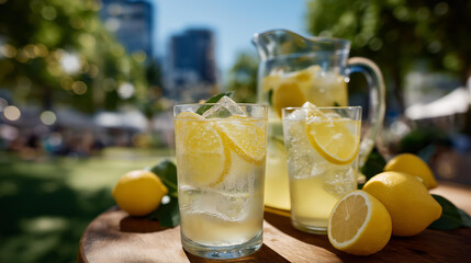A street vendor sells lemonade in a park, with pitchers pouring, ice clinking, kids sipping, and a sunny sky above, depicted in a refreshing photo with liquid splashes, ice cubes, and summery