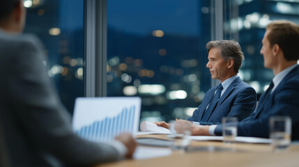 High-level meeting inside modern boardroom where executives analyze AI-generated projections of market growth and industry disruption, symbolizing strategic planning, leadership, and cutting-edge