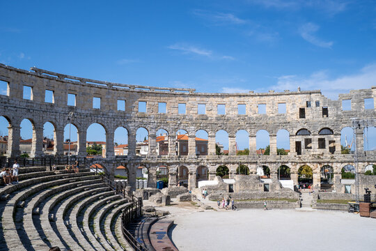 Pula, Croatia. Famous Ancient Roman Amphitheatre in Croatia. Iconic stone structure arena in Dalmatia.