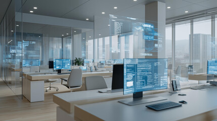 High-tech minimalist office with floating holographic dashboards, connected smart devices, AI assistants, and sleek ergonomic furniture, representing advanced workflow management, productivity, and