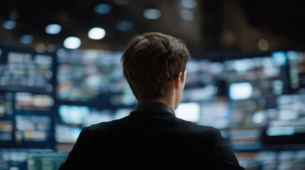 Silhouette of a programmer surrounded by floating holographic screens filled with datasets, coding languages, and deep learning visualizations, highlighting futuristic coding interface design, AI