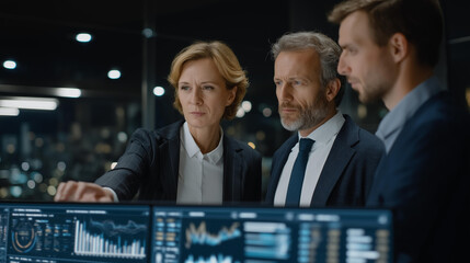 Corporate team gathered around digital workspace with holographic projections of key financial metrics, global trade analytics, and profit forecasts, symbolizing advanced data visualization and