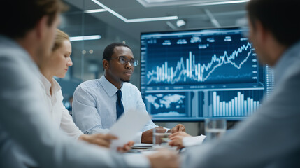 Group of professionals in futuristic boardroom analyzing transparent holographic dashboards filled with stock charts, bar graphs, and global financial indicators, symbolizing teamwork, finance