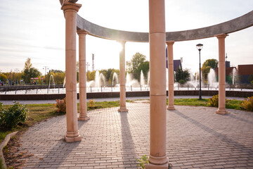 A park with columns, fountains, and roses in Tolyatti, Russia.