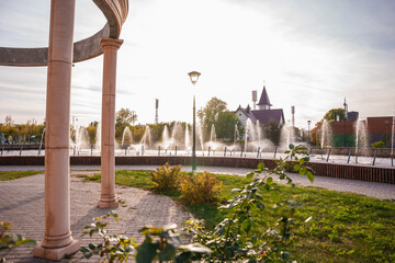 A park with columns, fountains, and roses in Tolyatti, Russia.