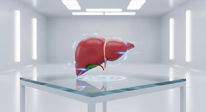 A conceptual 3D render of a human liver, glowing with digital data and presented in a clean, futuristic medical research setting, symbolizing advanced diagnostics and hepatic health innovation