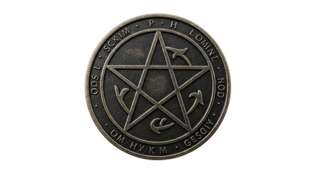 Dark Metallic Pentagram Emblem with Ancient Script and Mystic Symbols