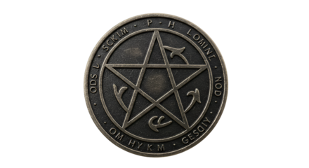 Dark Metallic Pentagram Emblem with Ancient Script and Mystic Symbols