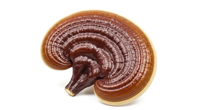 A glossy layered reddishbrown Reishi mushroom on a stark white backdrop