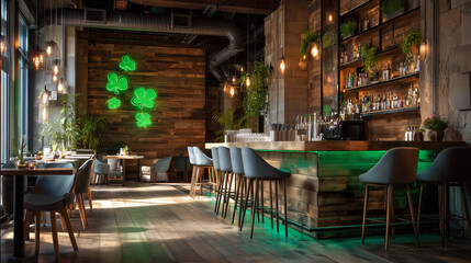 Bar counter with glowing green shamrock lights