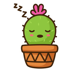 Sleeping Cactus in Clay Pot with Pink Flower Illustration on Transparent Background