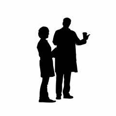 Silhouette of pharmacist assisting customer with medication on white background isolated on white background