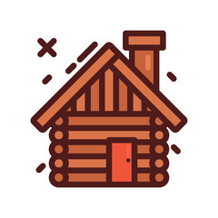 Rustic Wooden Log Cabin Icon with Brown Walls Red Door and Chimney Against Transparent Backdrop Depicting Simplicity and Shelter